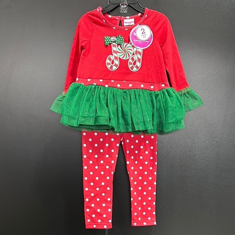 Nanette 2pc.JOY embroidered candy canes,peplum ruffle waist top,stretch leggings